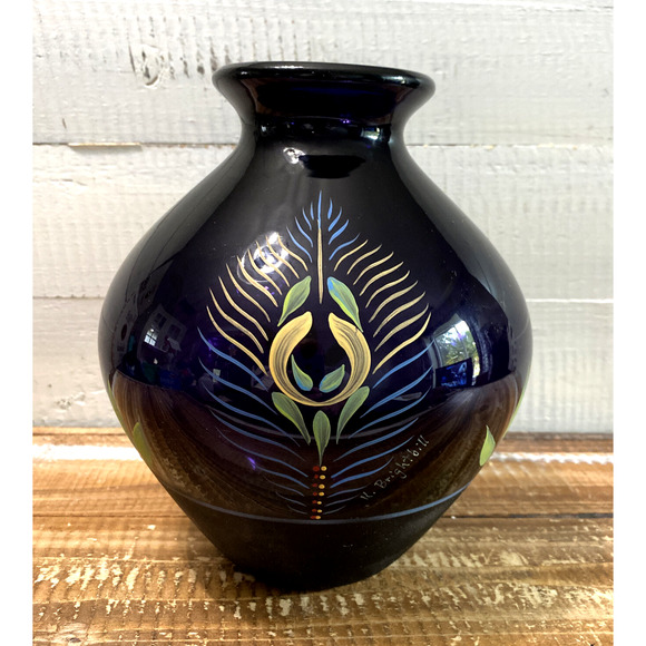 Vintage Fenton Glass Purple Vase Painted Peacock Feather K. Brightbill 7.75" - Picture 3 of 12